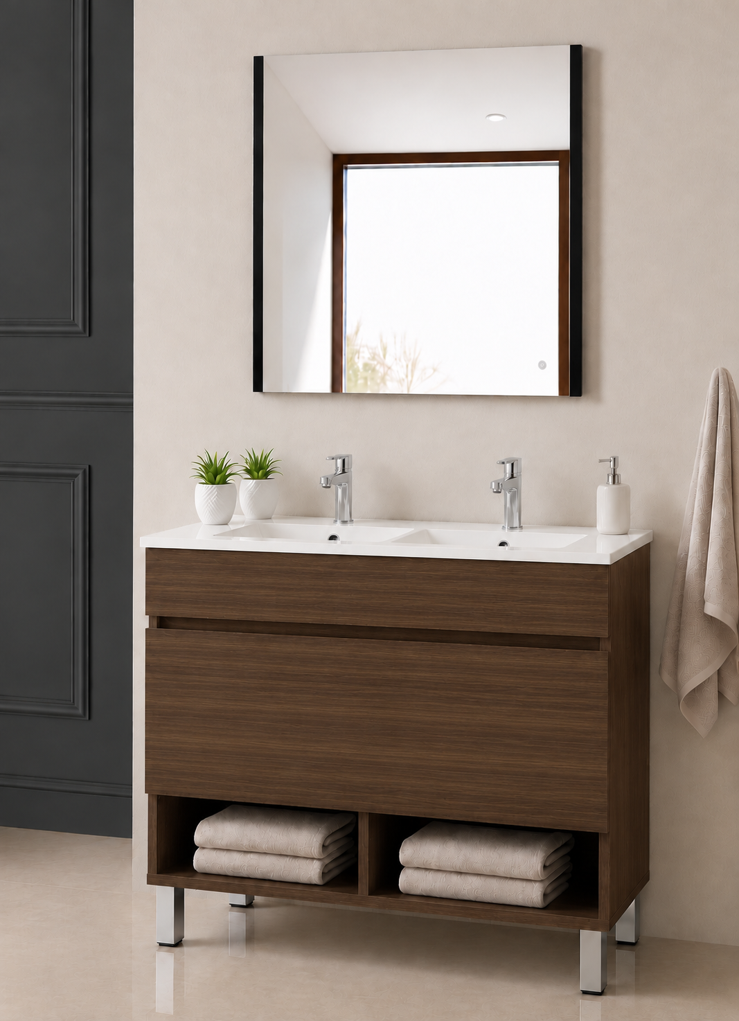 Mueble de baño con patas Nebari, cajón, estante y lavabo