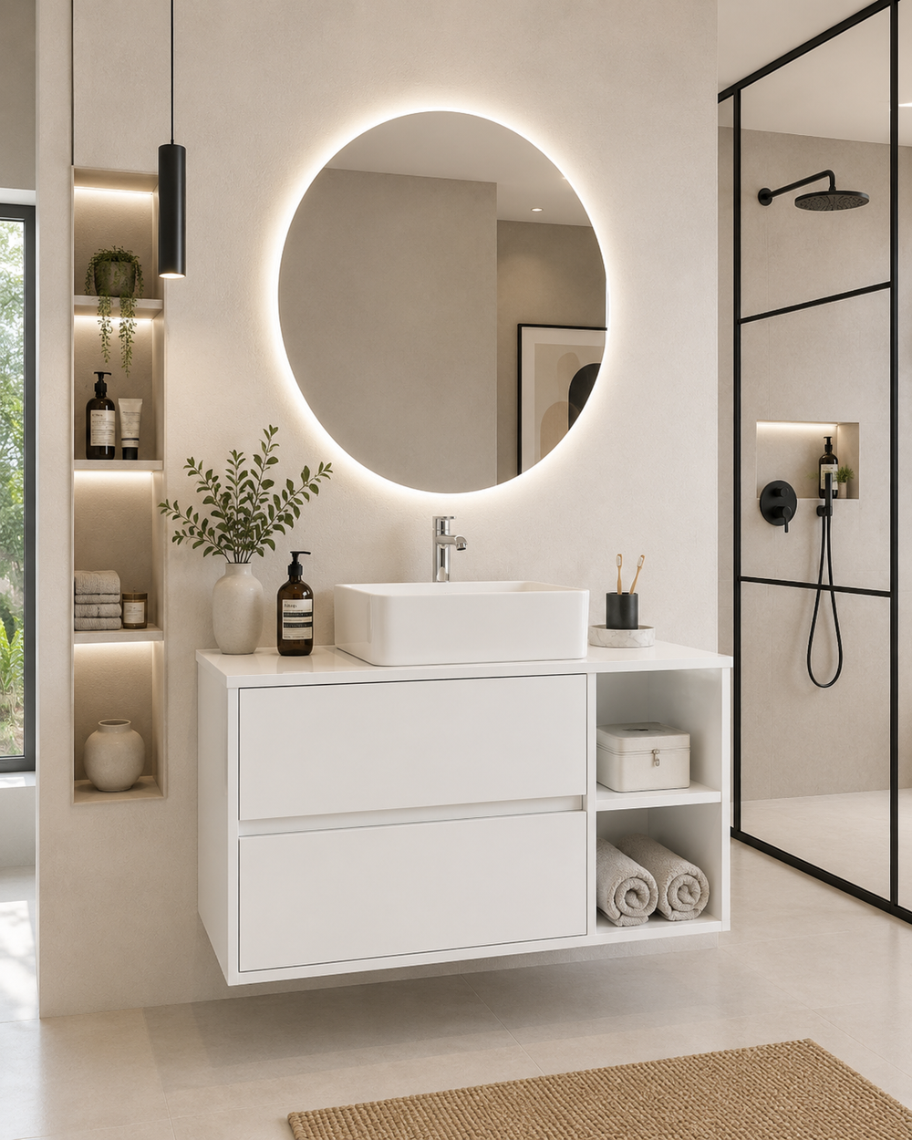 Mueble de baño Zeus con encimera y lavabo sobreencimera · Blanco brillo