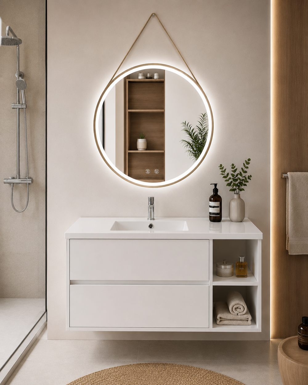Mueble de baño Zeus con lavabo, 2 cajones y estante · Blanco brillo