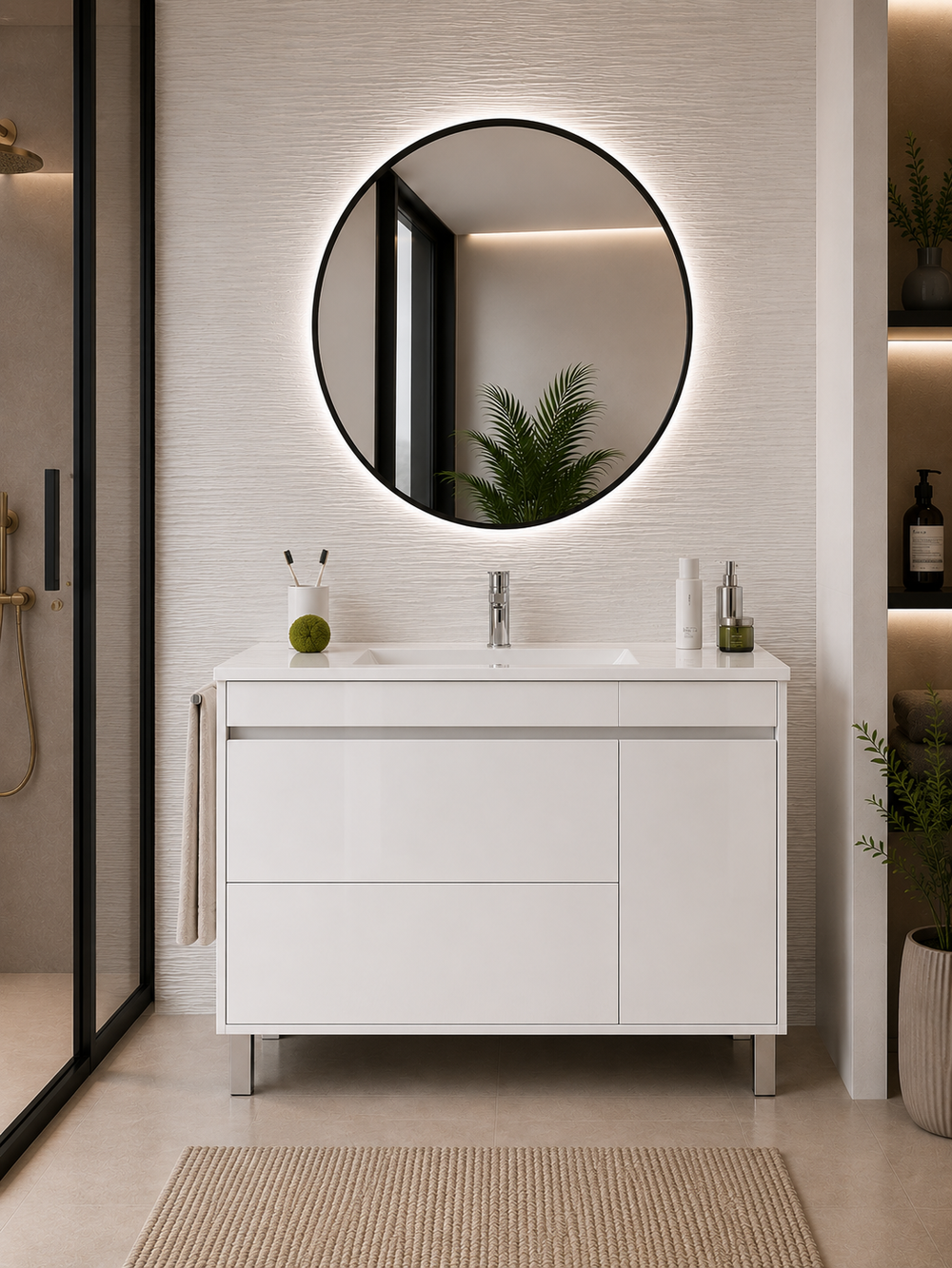 Mueble de baño Caprera con lavabo, 2 cajones y puerta · Blanco brillo