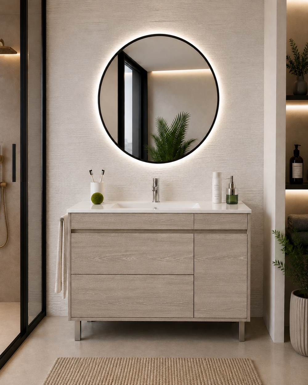 Mueble de baño Caprera con lavabo, 2 cajones y puerta · Roble Smoky