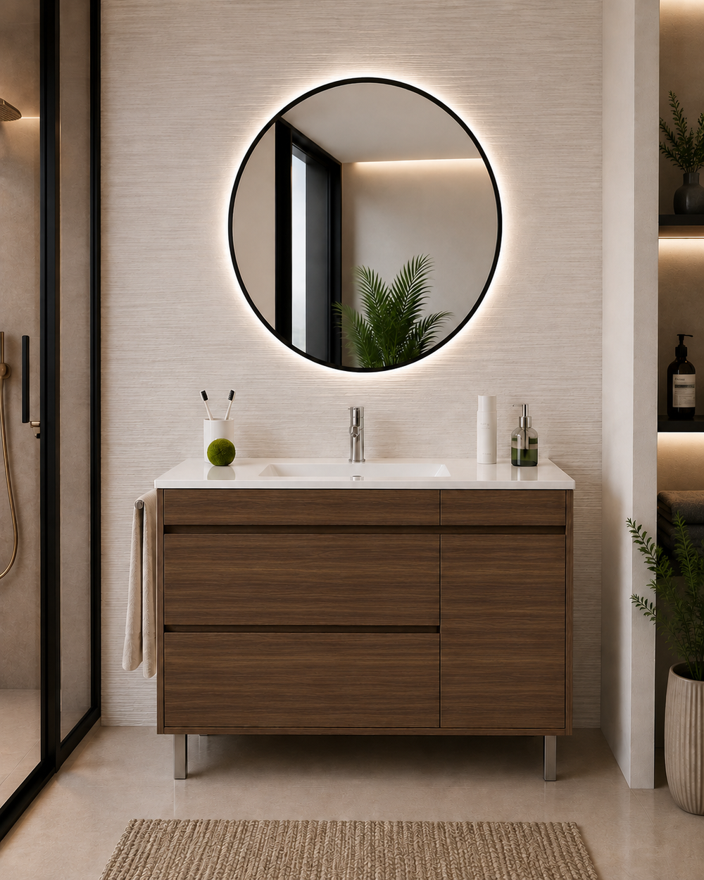 Mueble de baño Caprera con lavabo, 2 cajones y puerta · Fresno Tea