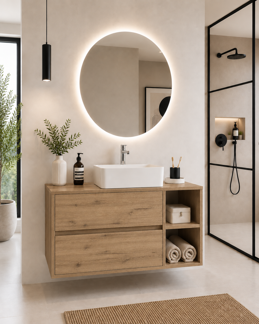 Mueble de baño Zeus con encimera y lavabo sobreencimera · Estepa