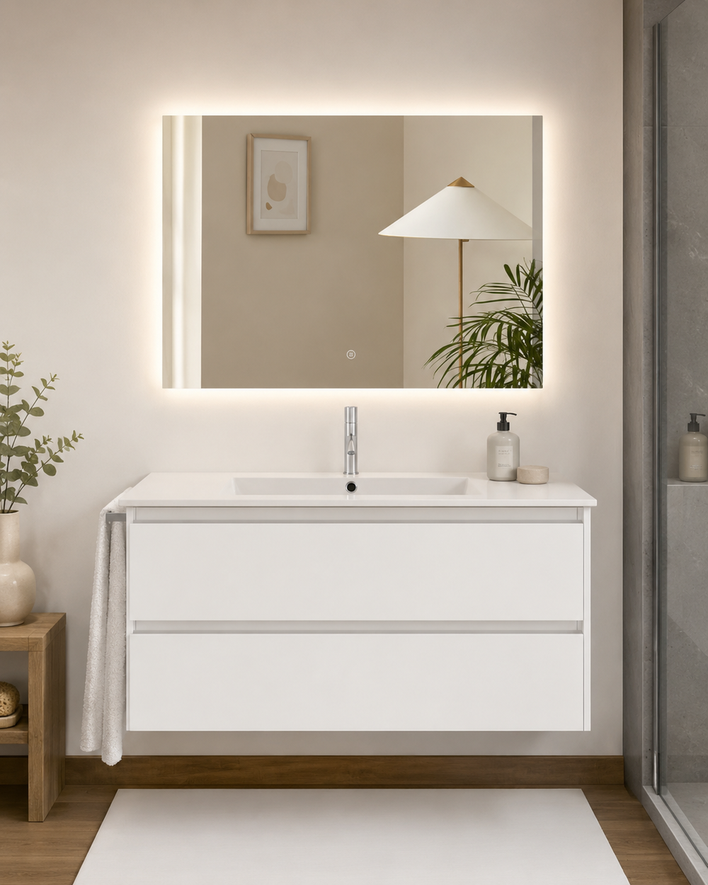Mueble de baño suspendido Ibiza con lavabo y 2 cajones · Blanco brillo