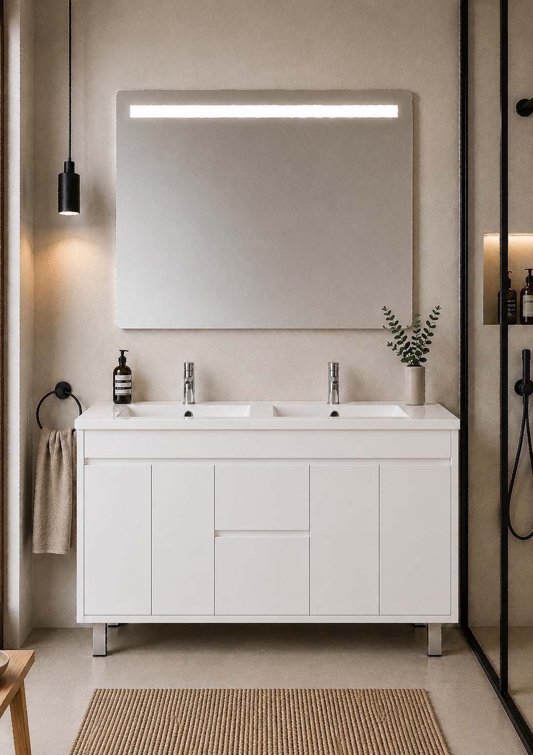 Mueble de baño con patas Isquia, lavabo, puertas y cajones