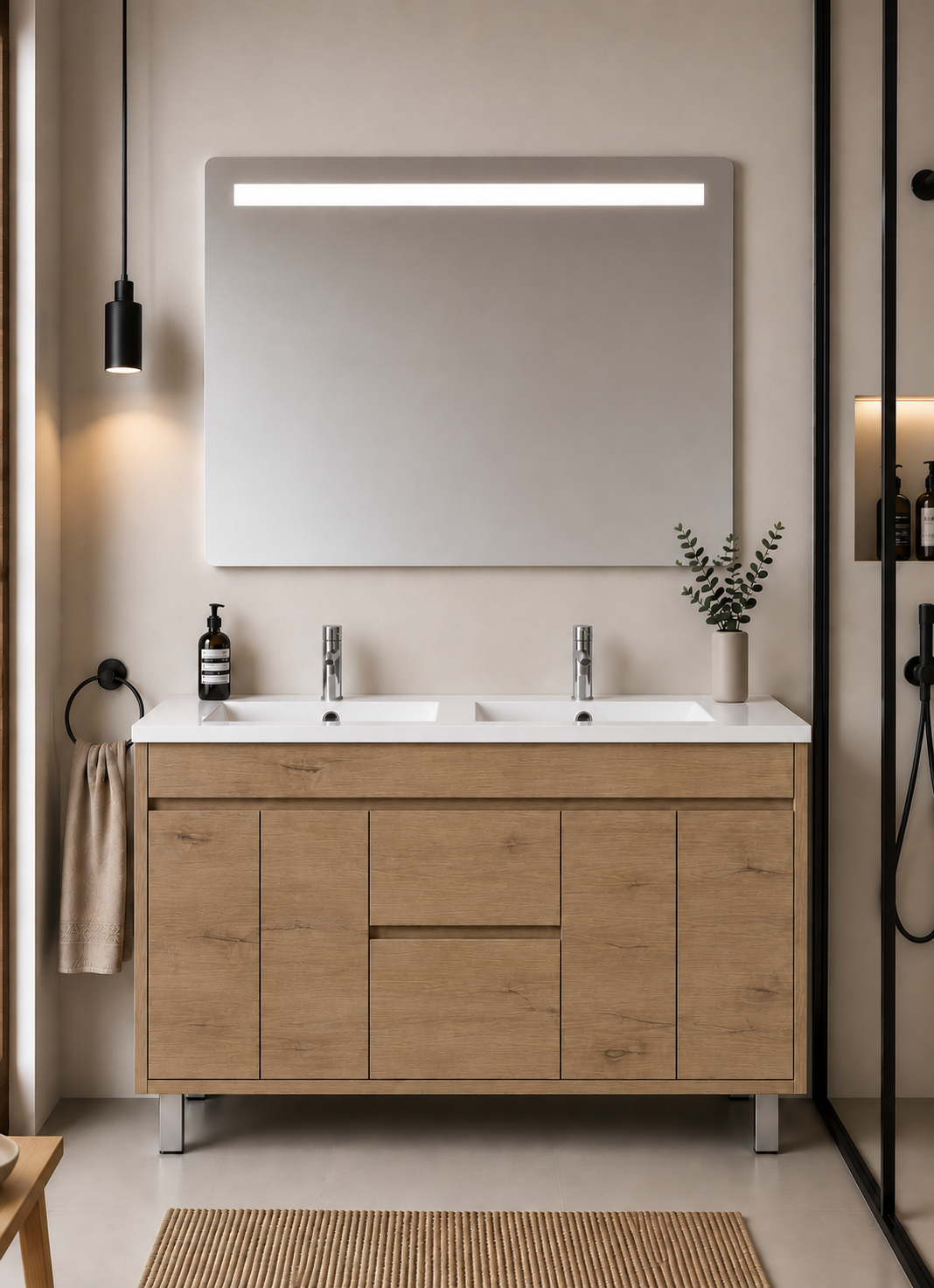 Mueble de baño con patas Isquia, lavabo, puertas y cajones