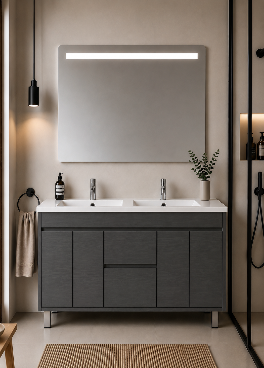 Mueble de baño con patas Isquia, lavabo, puertas y cajones