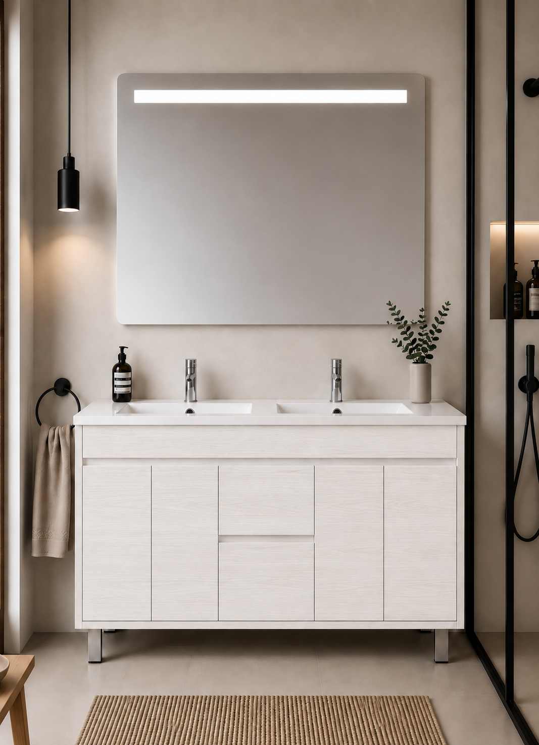 Mueble de baño con patas Isquia, lavabo, puertas y cajones