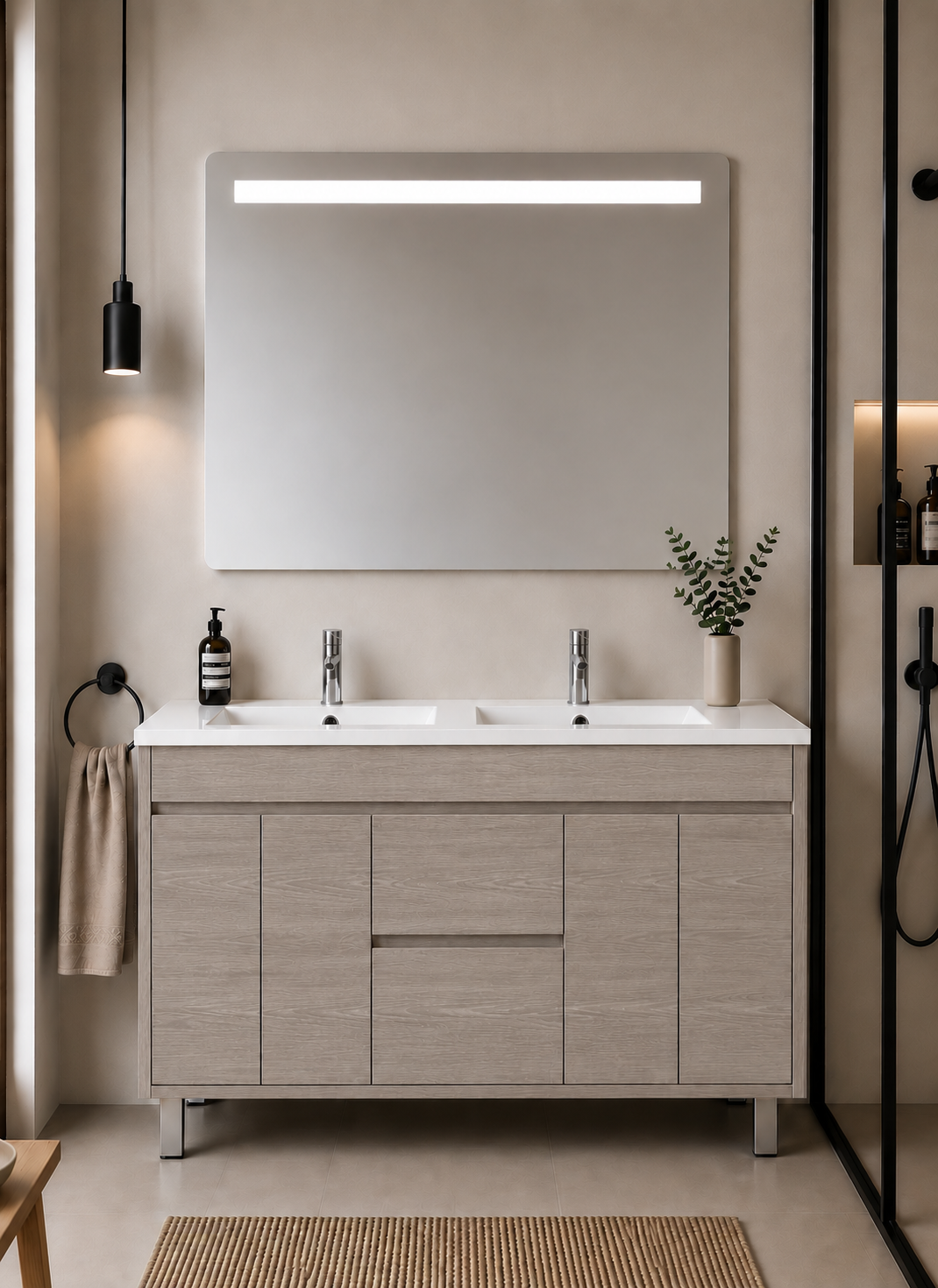 Mueble de baño con patas Isquia, lavabo, puertas y cajones