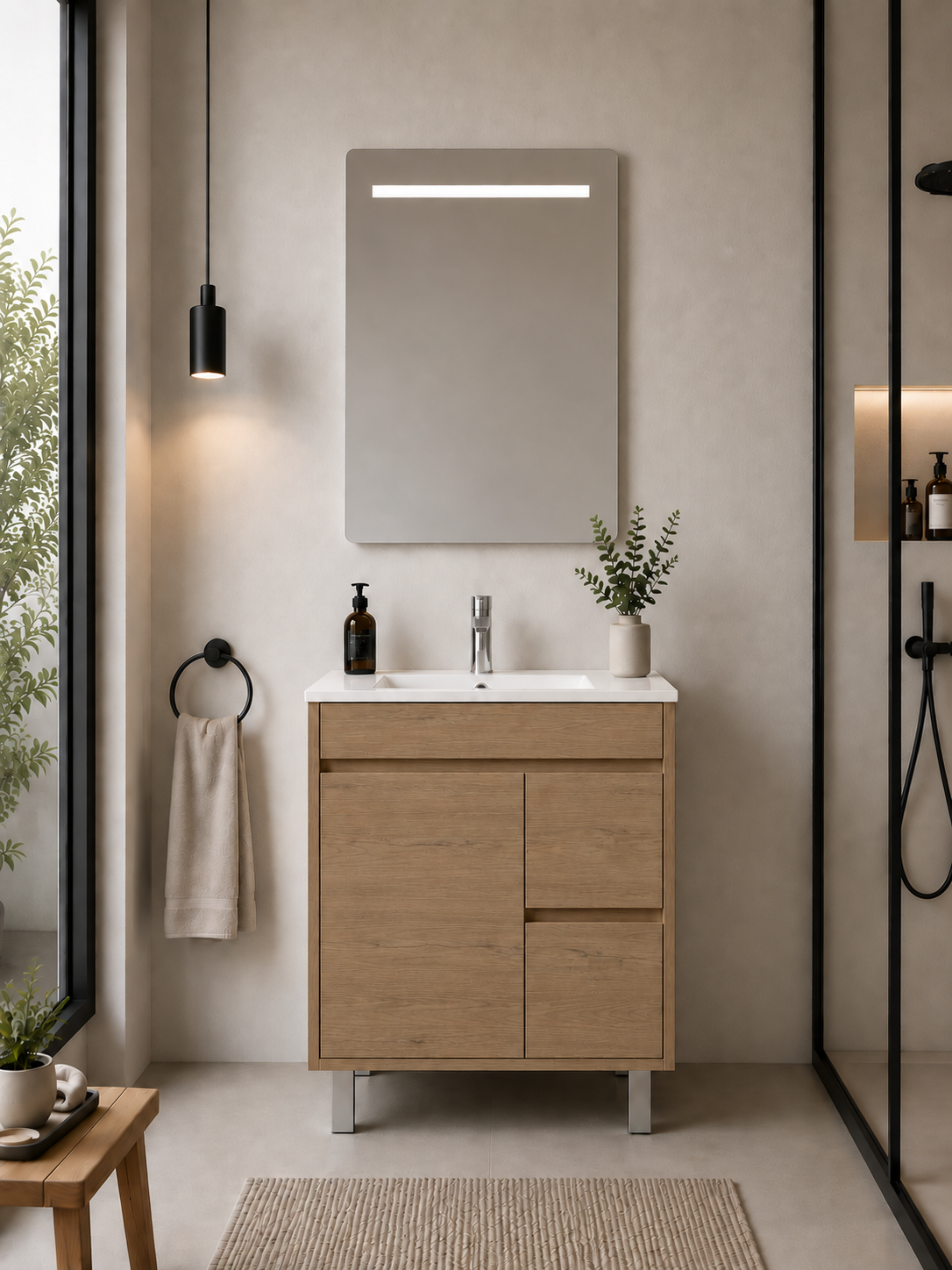 Mueble de baño con patas Isquia, lavabo, puertas y cajones