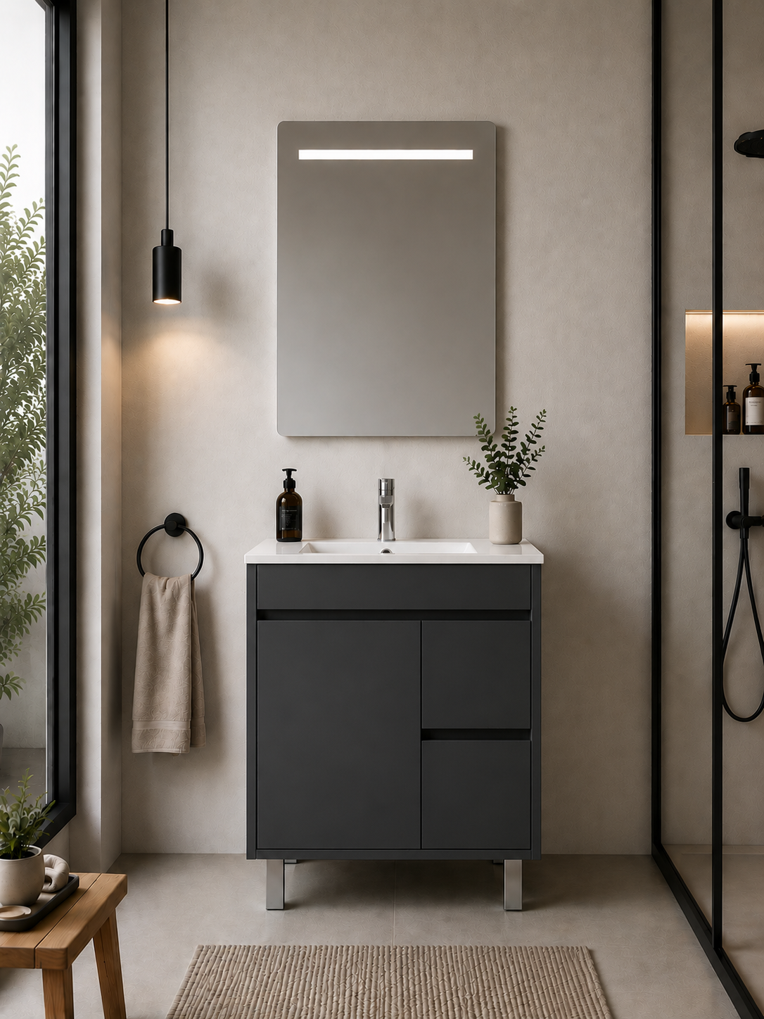 Mueble de baño con patas Isquia, lavabo, puertas y cajones