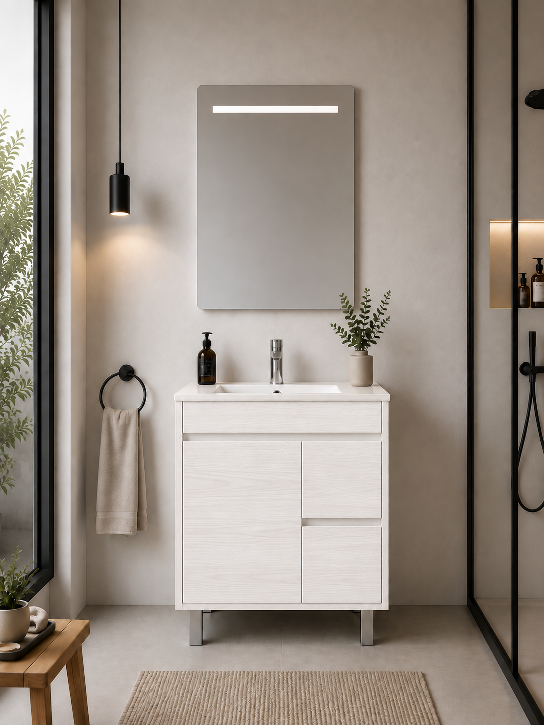 Mueble de baño con patas Isquia, lavabo, puertas y cajones