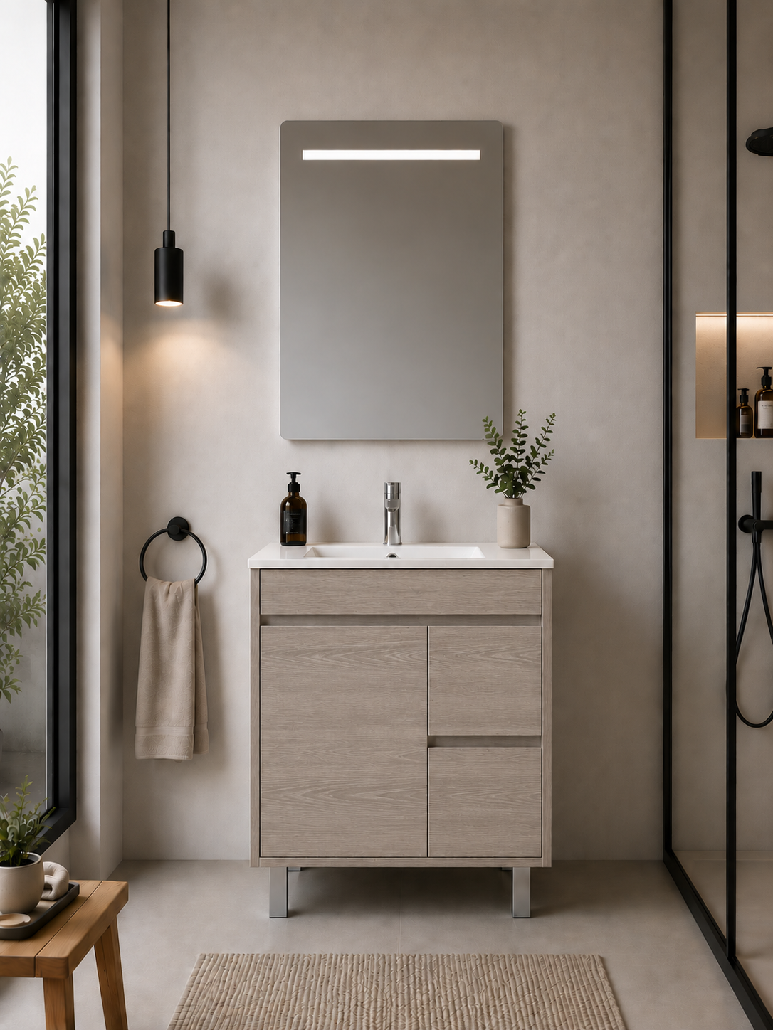 Mueble de baño con patas Isquia, lavabo, puertas y cajones