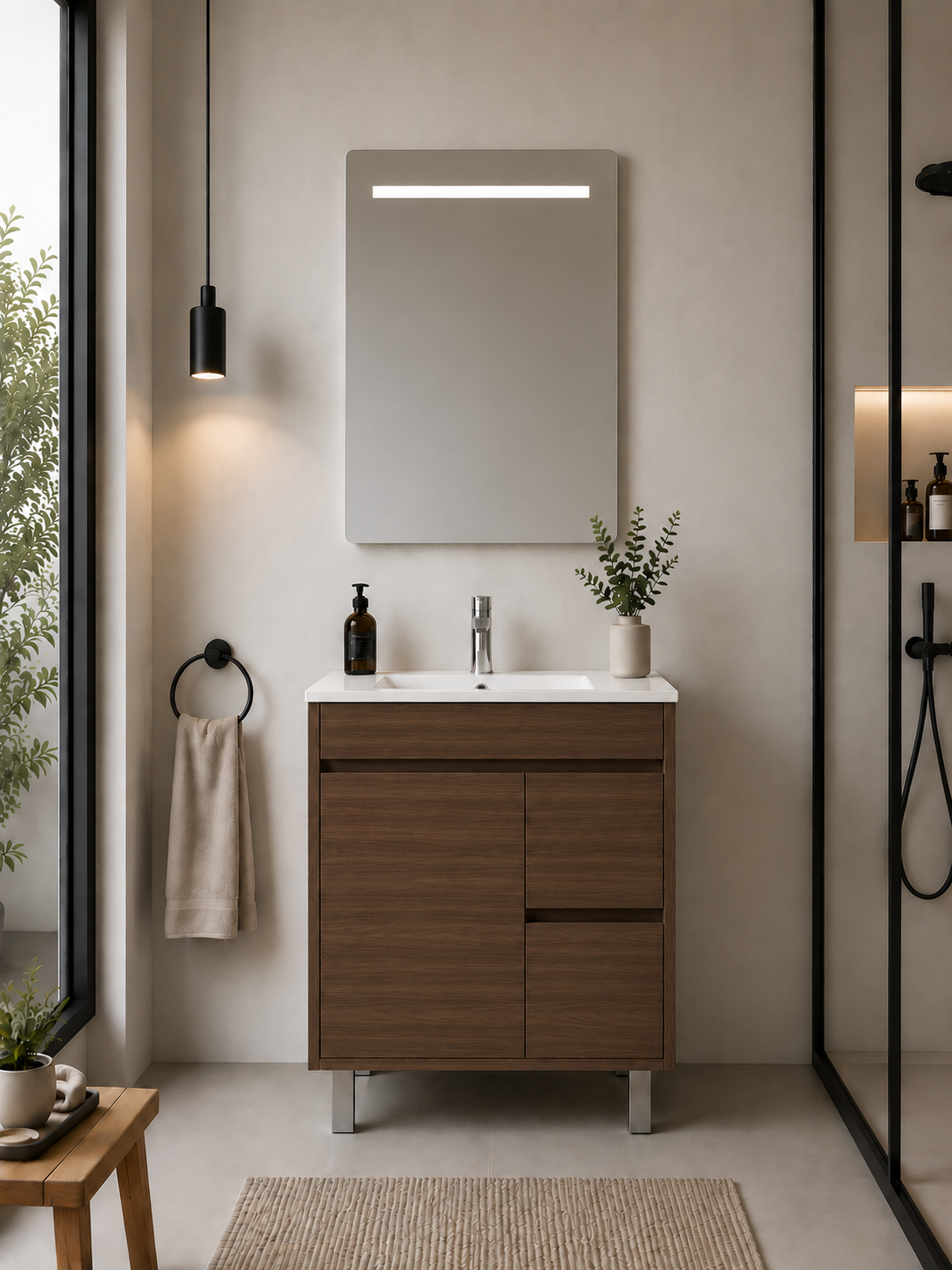 Mueble de baño con patas Isquia, lavabo, puertas y cajones