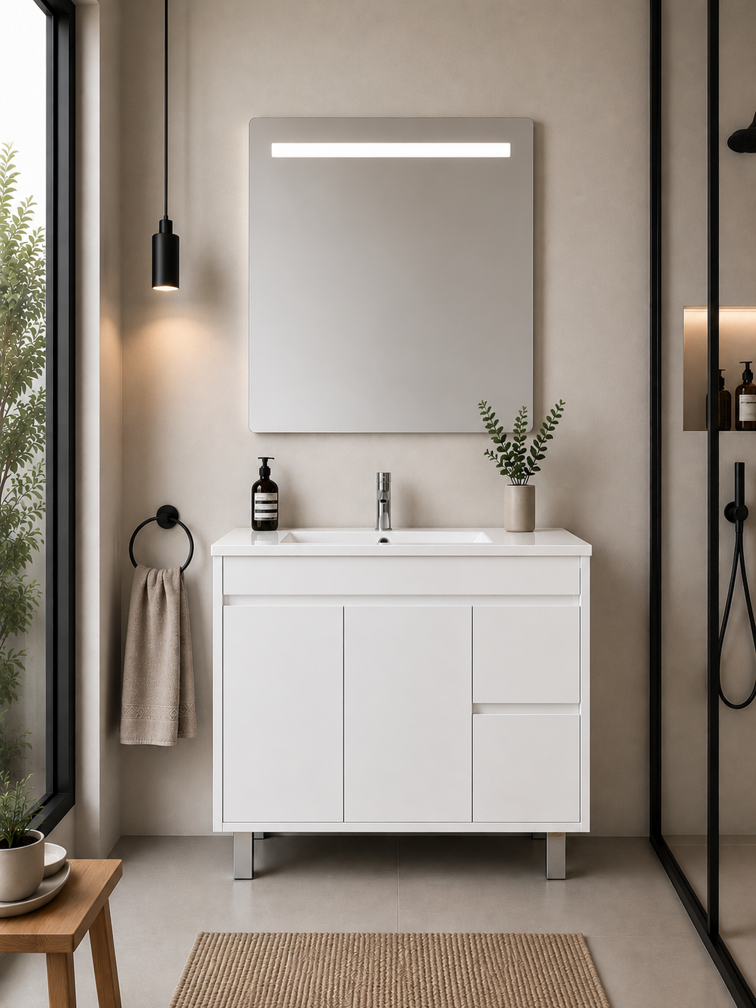Mueble de baño con patas Isquia, lavabo, puertas y cajones