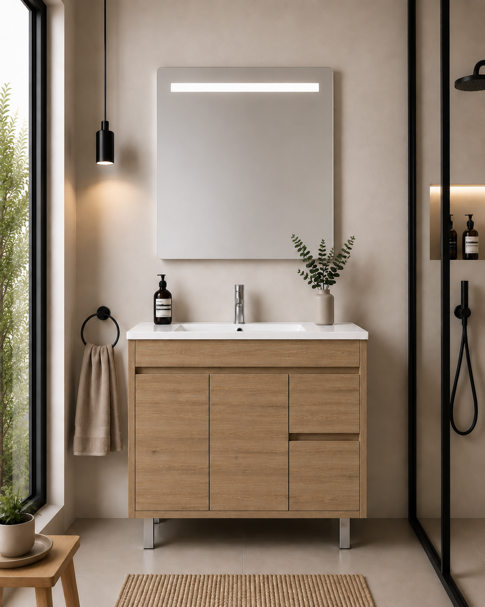 Mueble de baño con patas Isquia, lavabo, puertas y cajones · Estepa