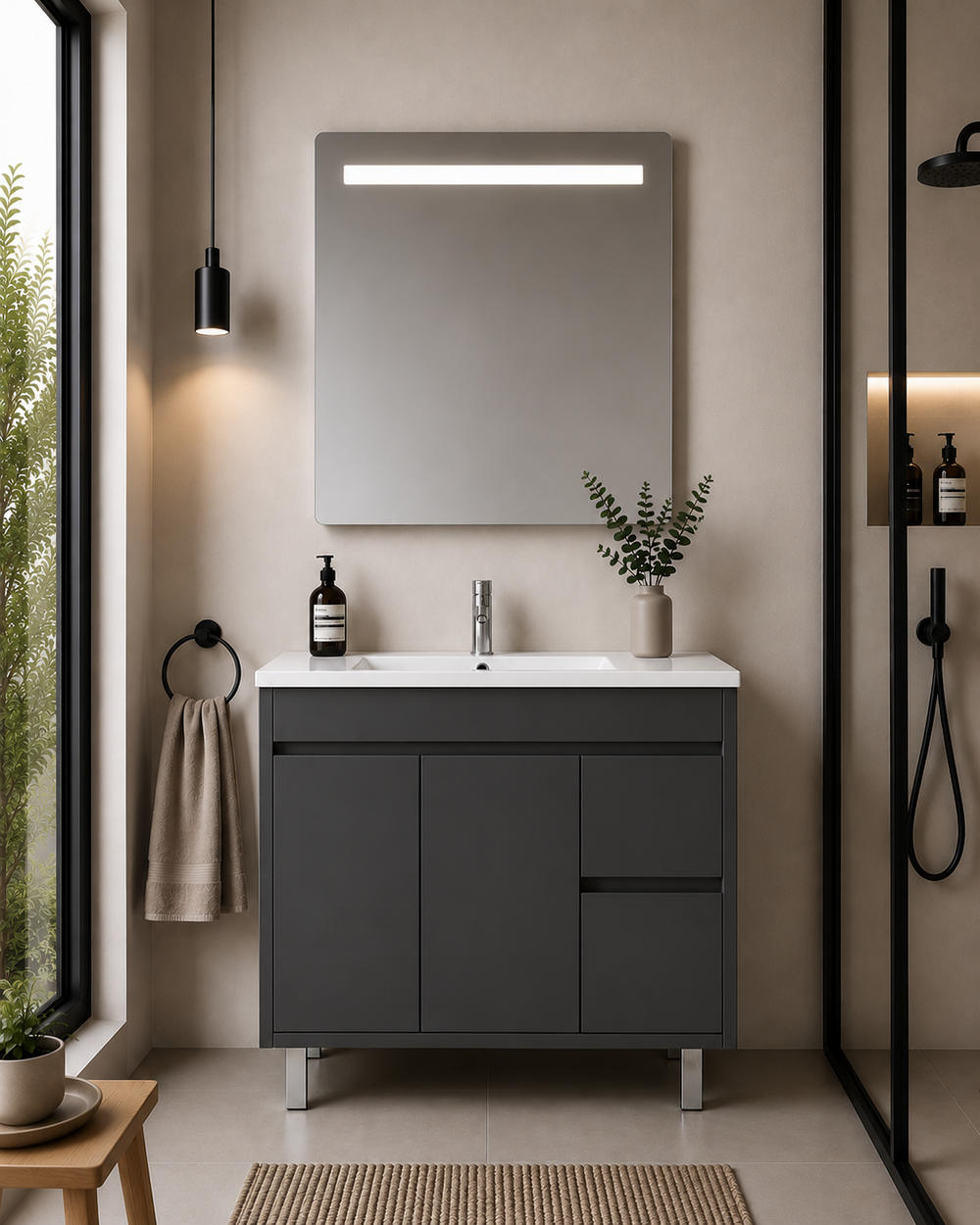 Mueble de baño con patas Isquia, lavabo, puertas y cajones · Grafito