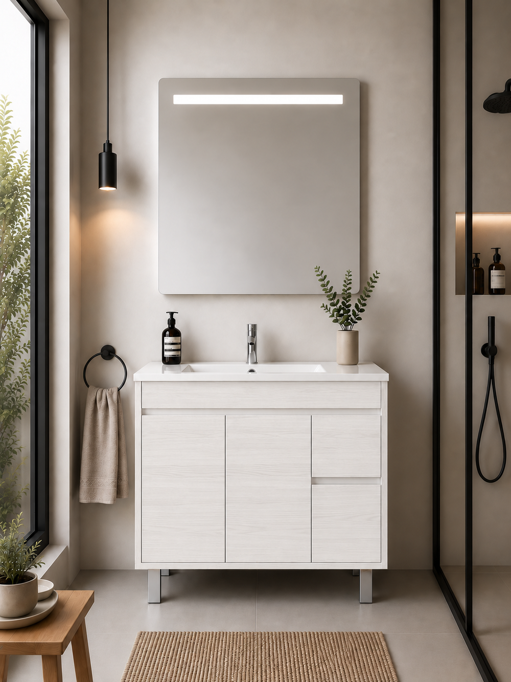 Mueble de baño con patas Isquia, lavabo, puertas y cajones · Blanco Nórdico