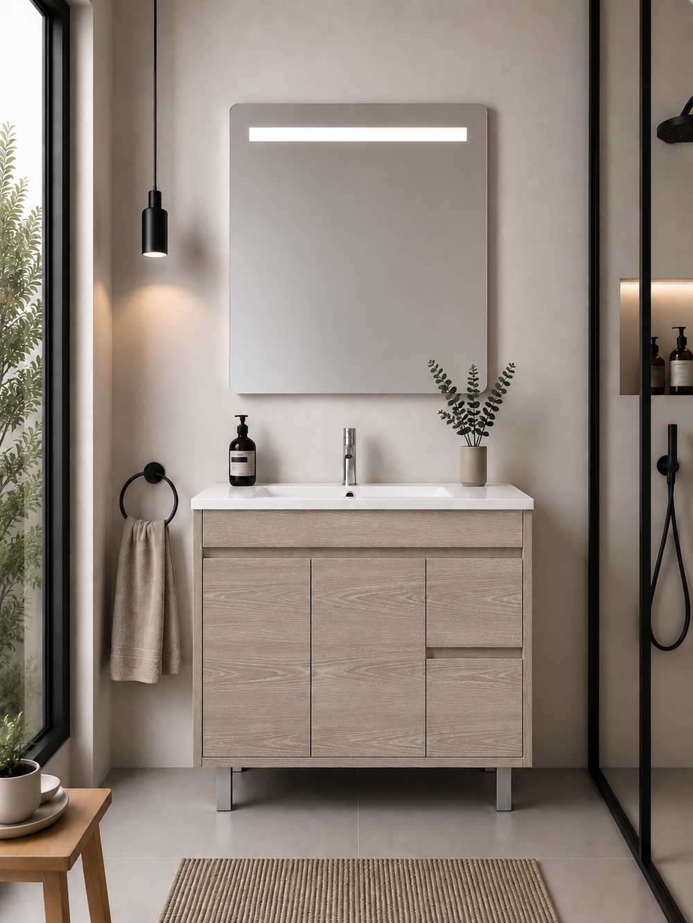 Mueble de baño con patas Isquia, lavabo, puertas y cajones · Roble Smoky