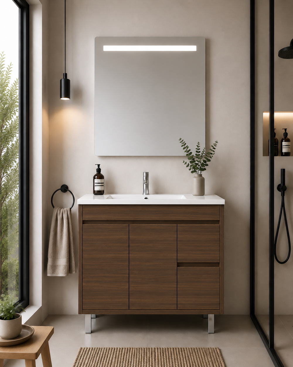 Mueble de baño con patas Isquia, lavabo, puertas y cajones · Fresno Tea
