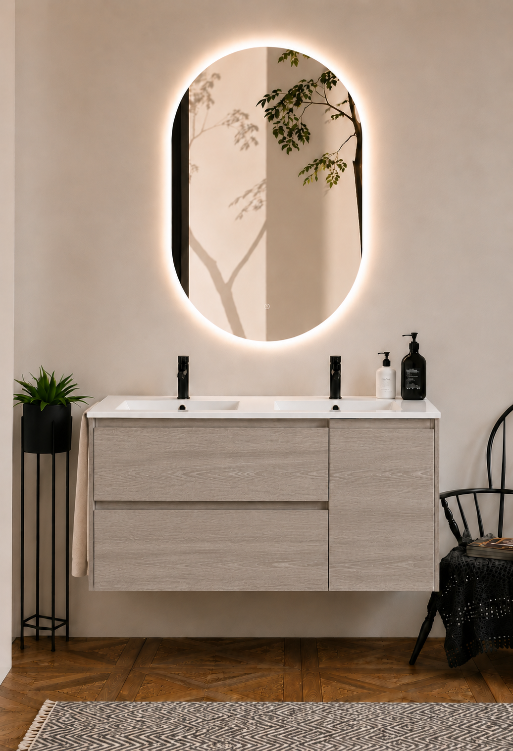 Mueble de baño suspendido Itaca con lavabo, cajones y puerta