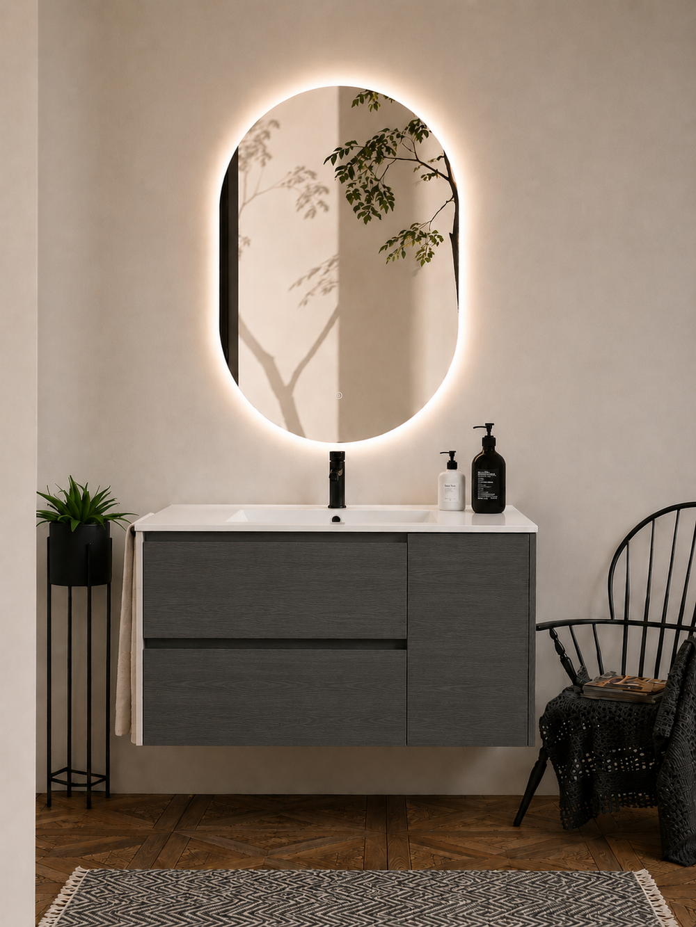 Mueble de baño suspendido Itaca con lavabo, cajones y puerta · Grafito