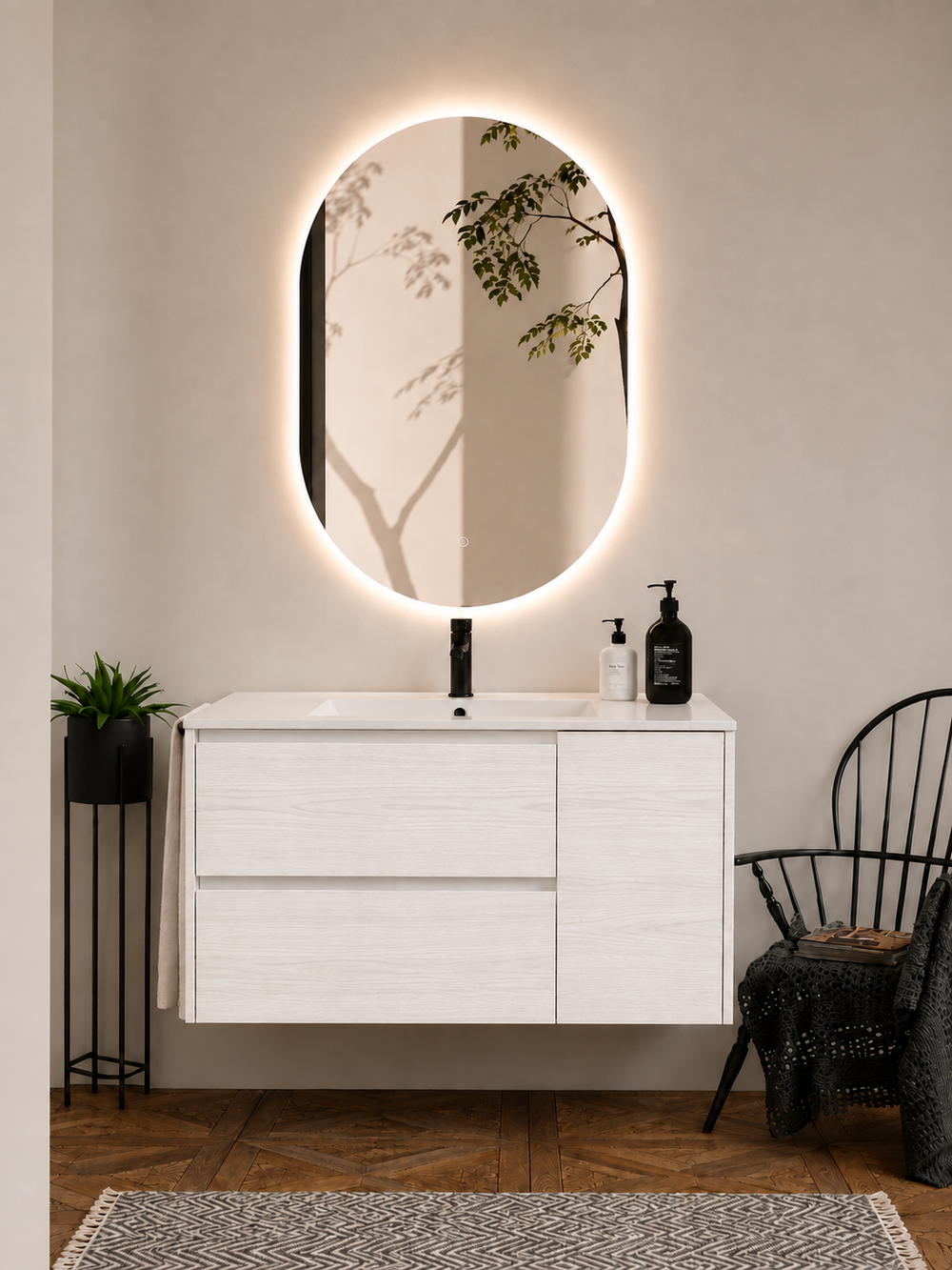 Mueble de baño suspendido Itaca con lavabo, cajones y puerta · Blanco Nórdico