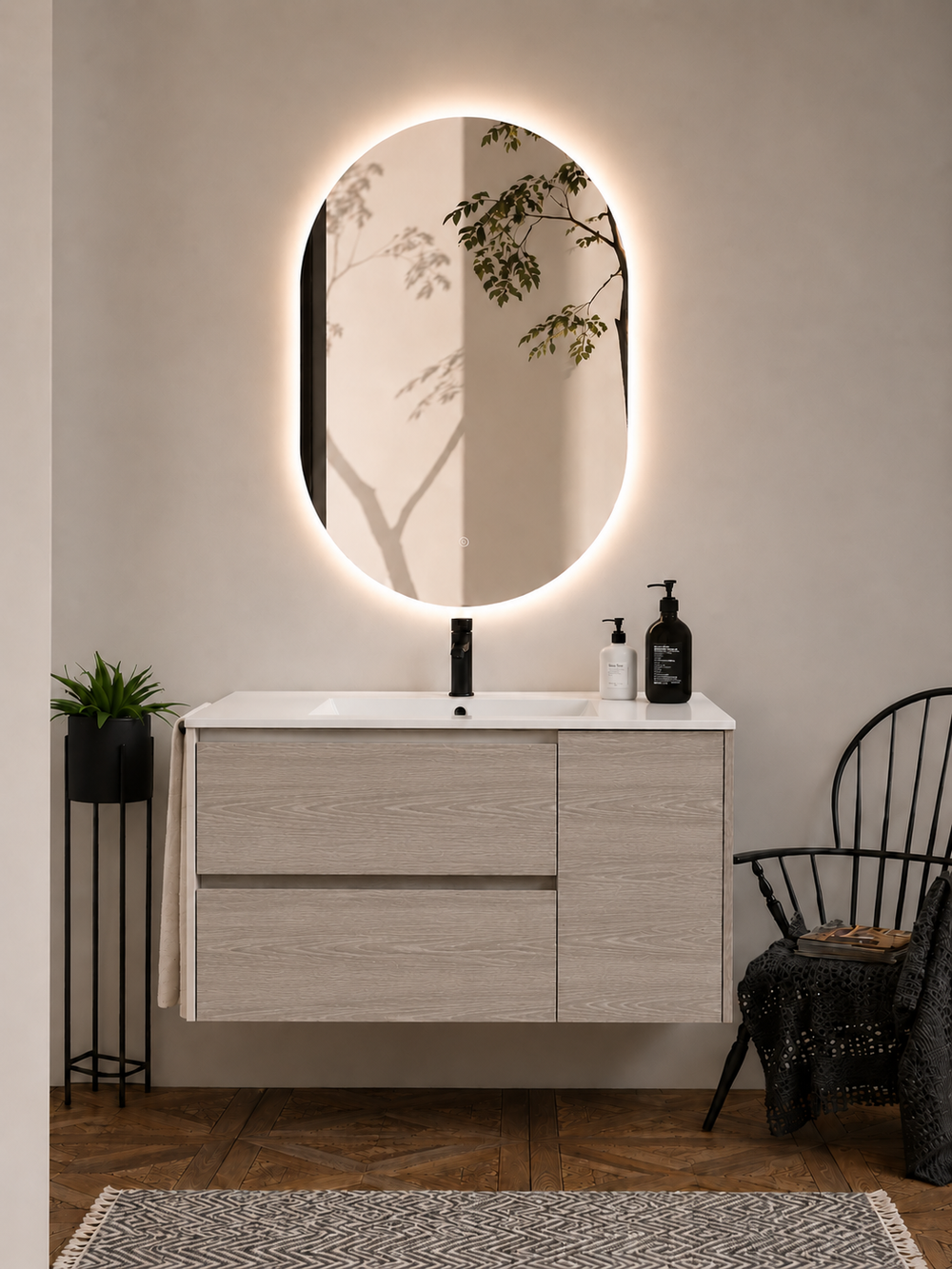 Mueble de baño suspendido Itaca con lavabo, cajones y puerta · Roble Smoky