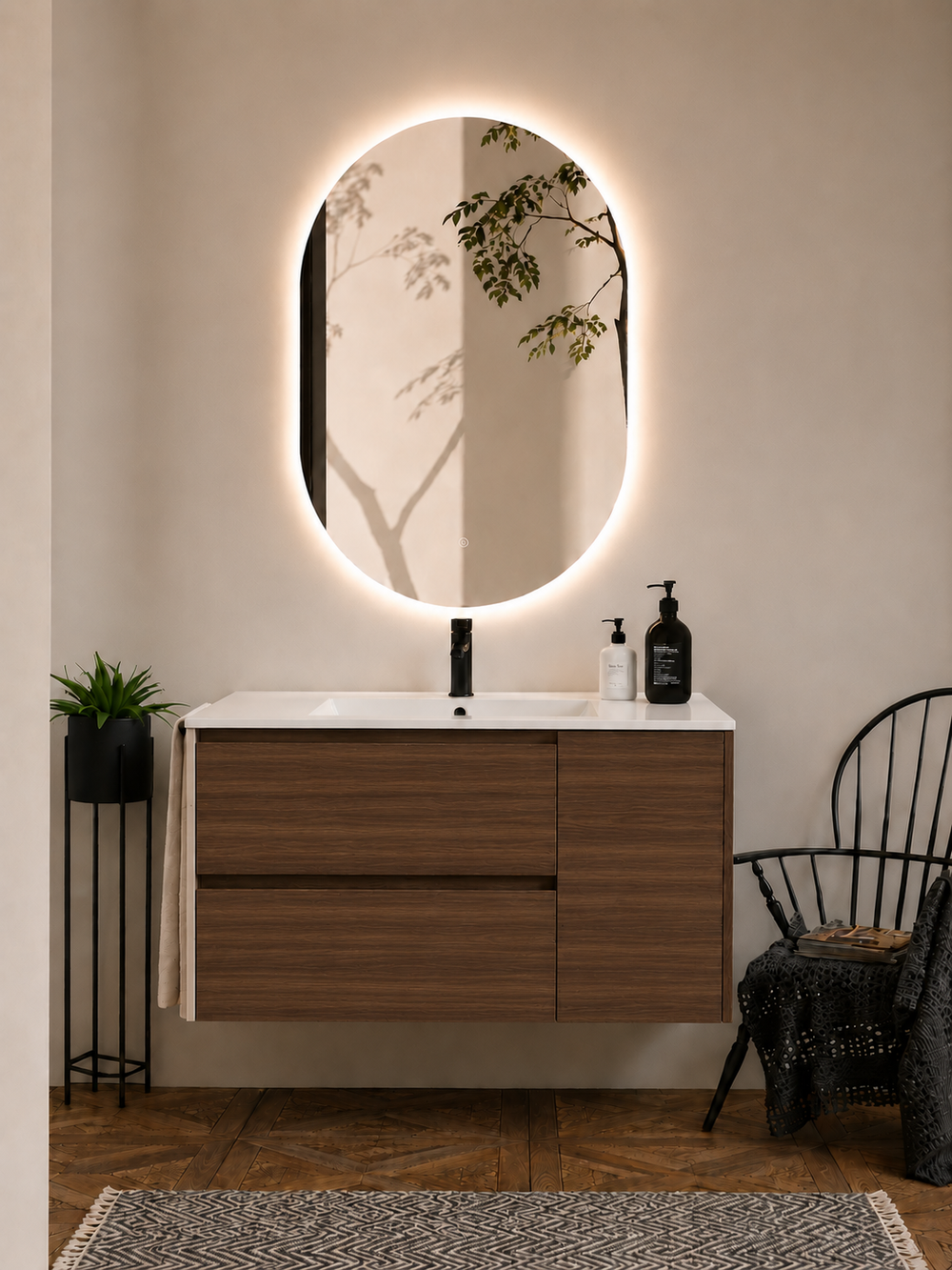 Mueble de baño suspendido Itaca con lavabo, cajones y puerta · Fresno Tea