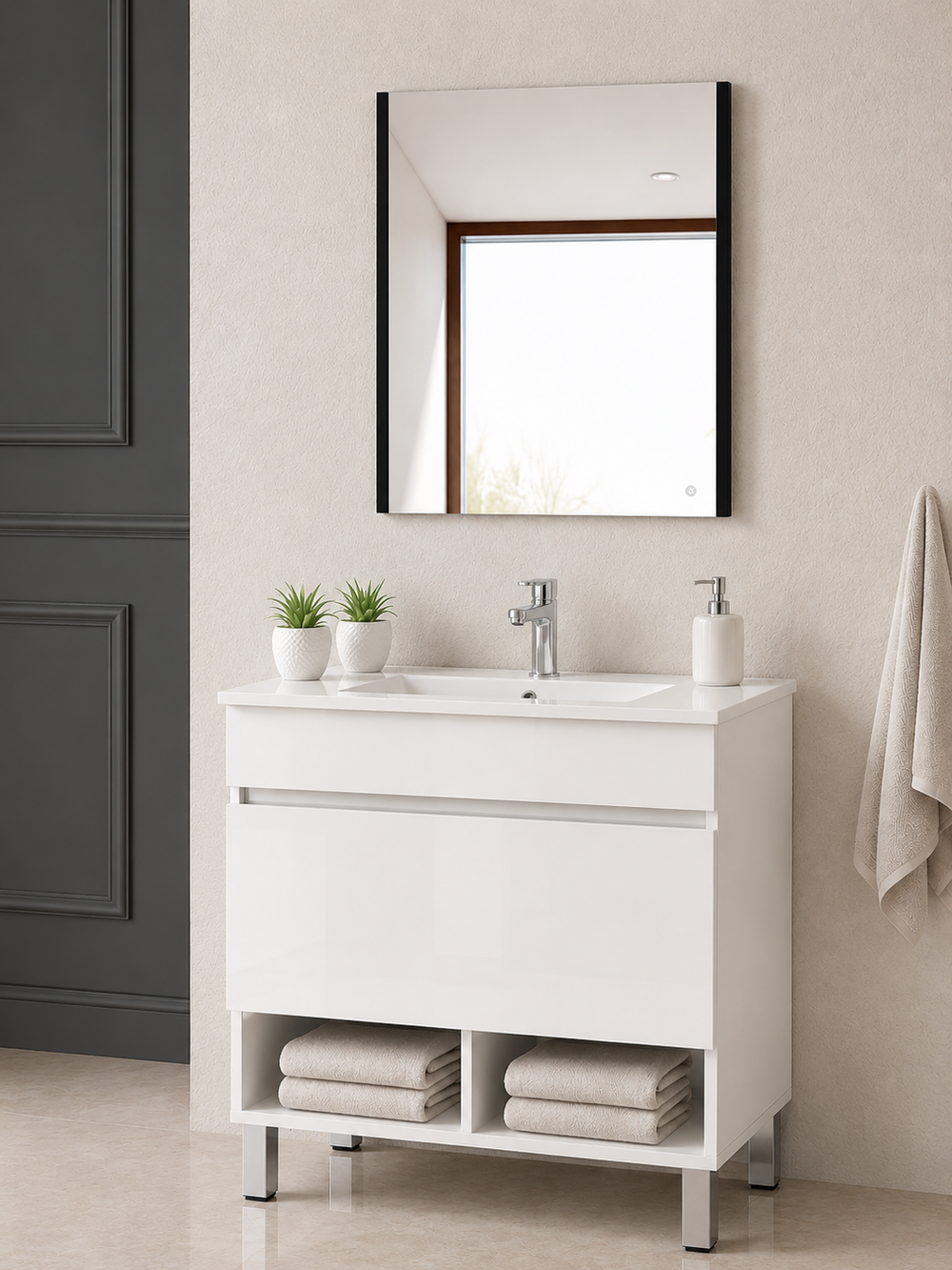 Mueble de baño con patas Nebari, cajón, estante y lavabo · Blanco brillo