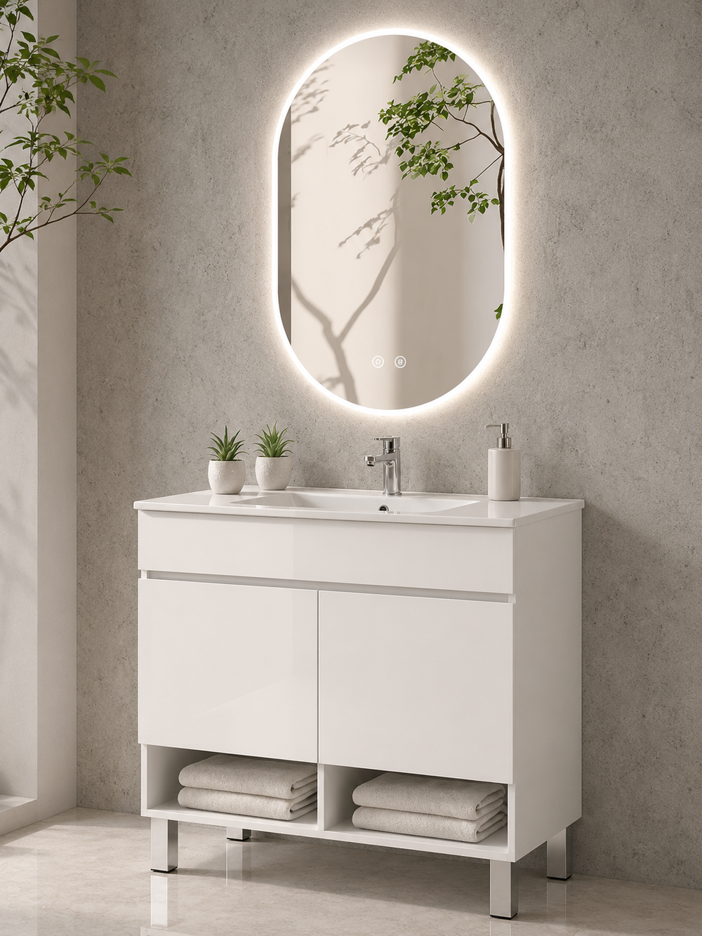 Mueble de baño con patas Nebari con puertas y lavabo · Blanco brillo