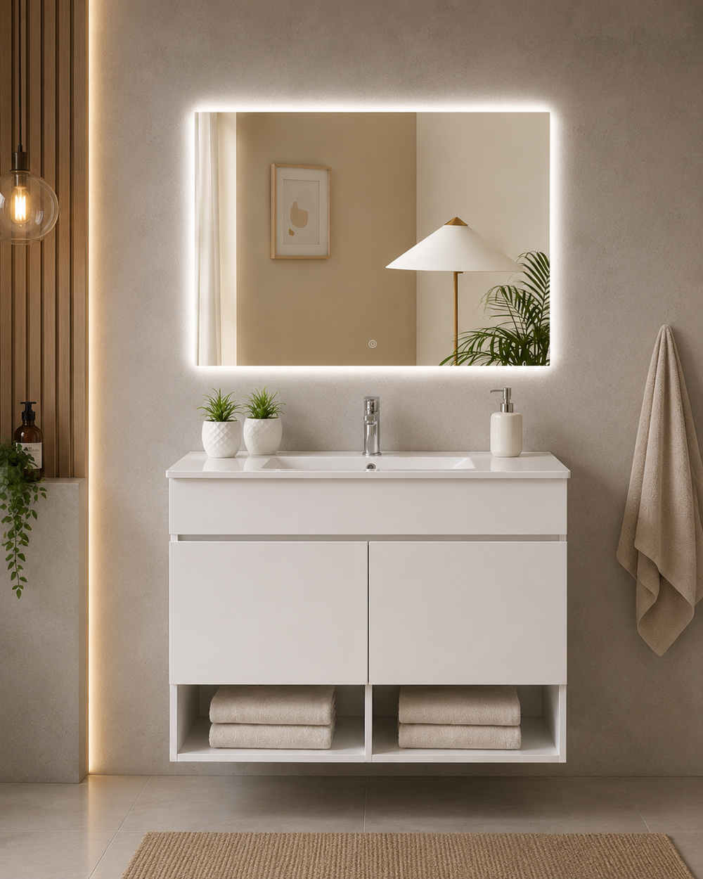Mueble de baño suspendido Nebari con puertas y lavabo · Blanco brillo