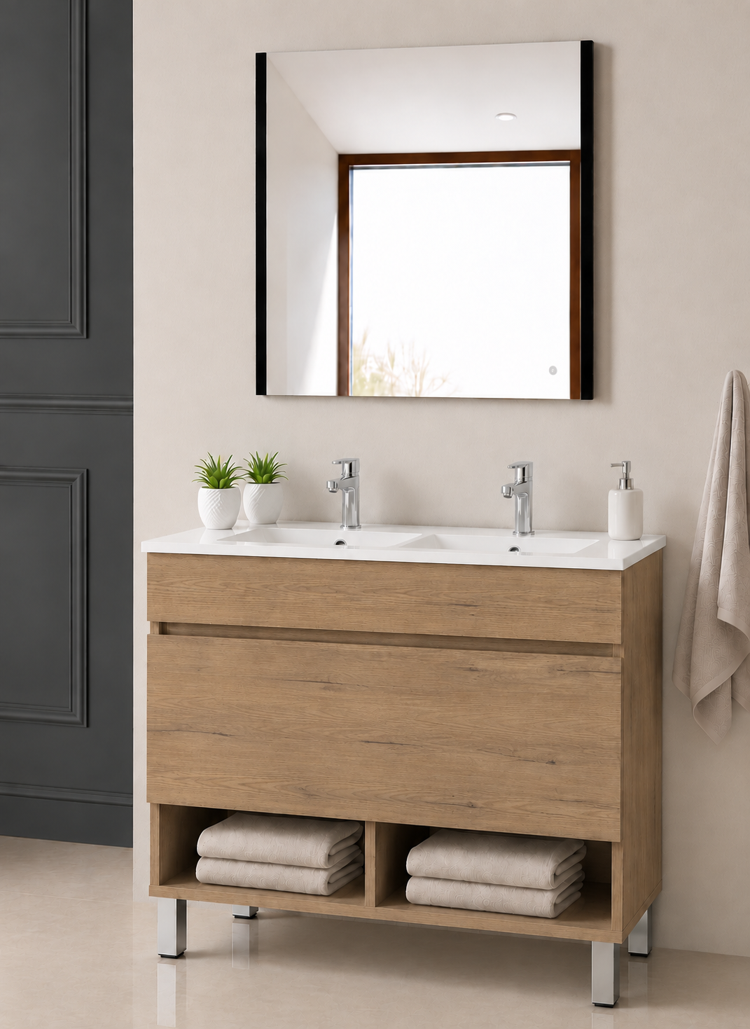Mueble de baño con patas Nebari, cajón, estante y lavabo