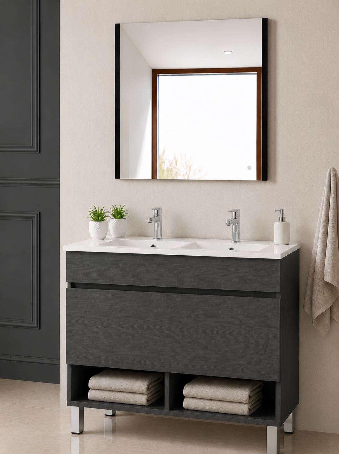 Mueble de baño con patas Nebari, cajón, estante y lavabo