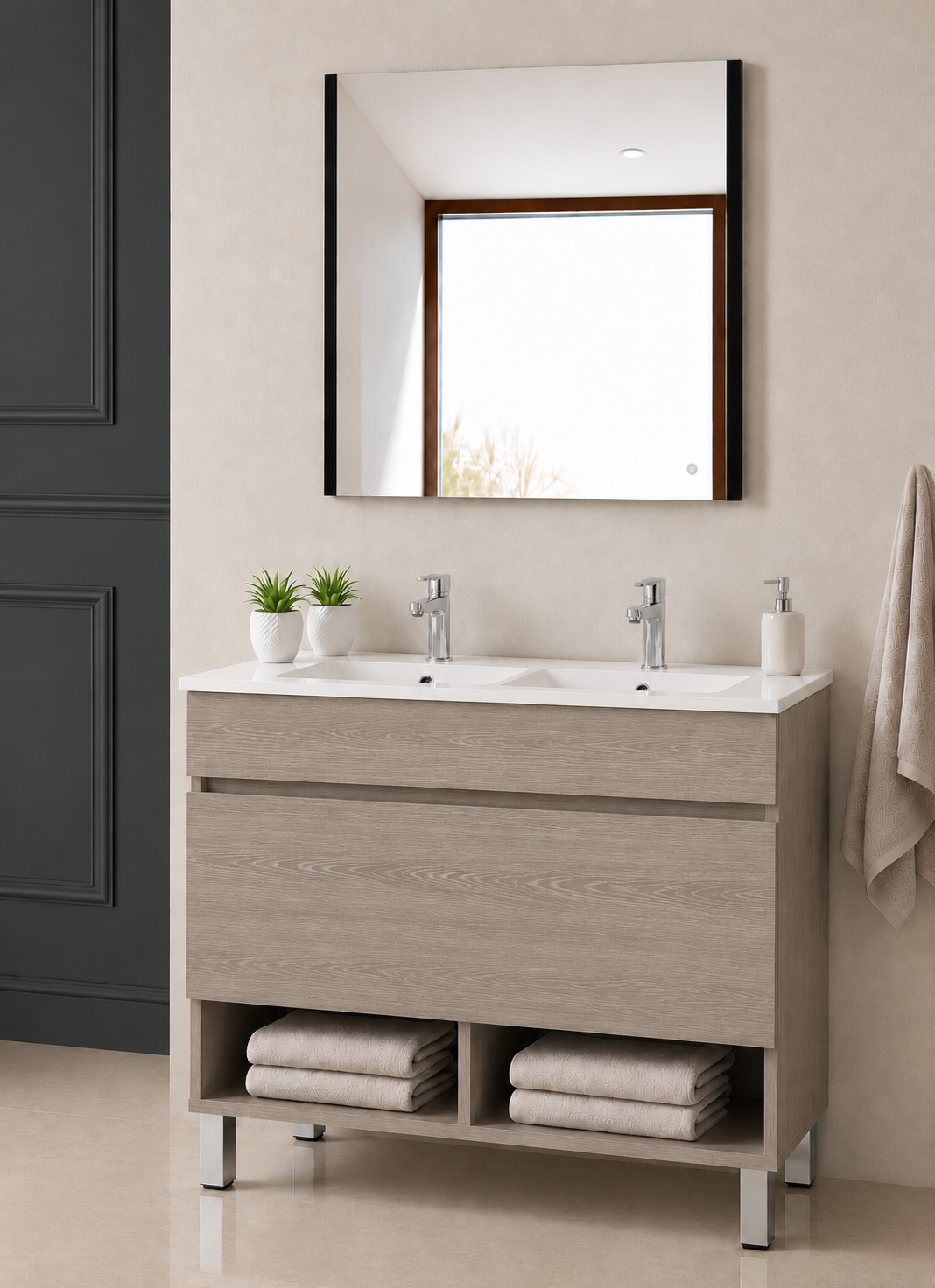 Mueble de baño con patas Nebari, cajón, estante y lavabo