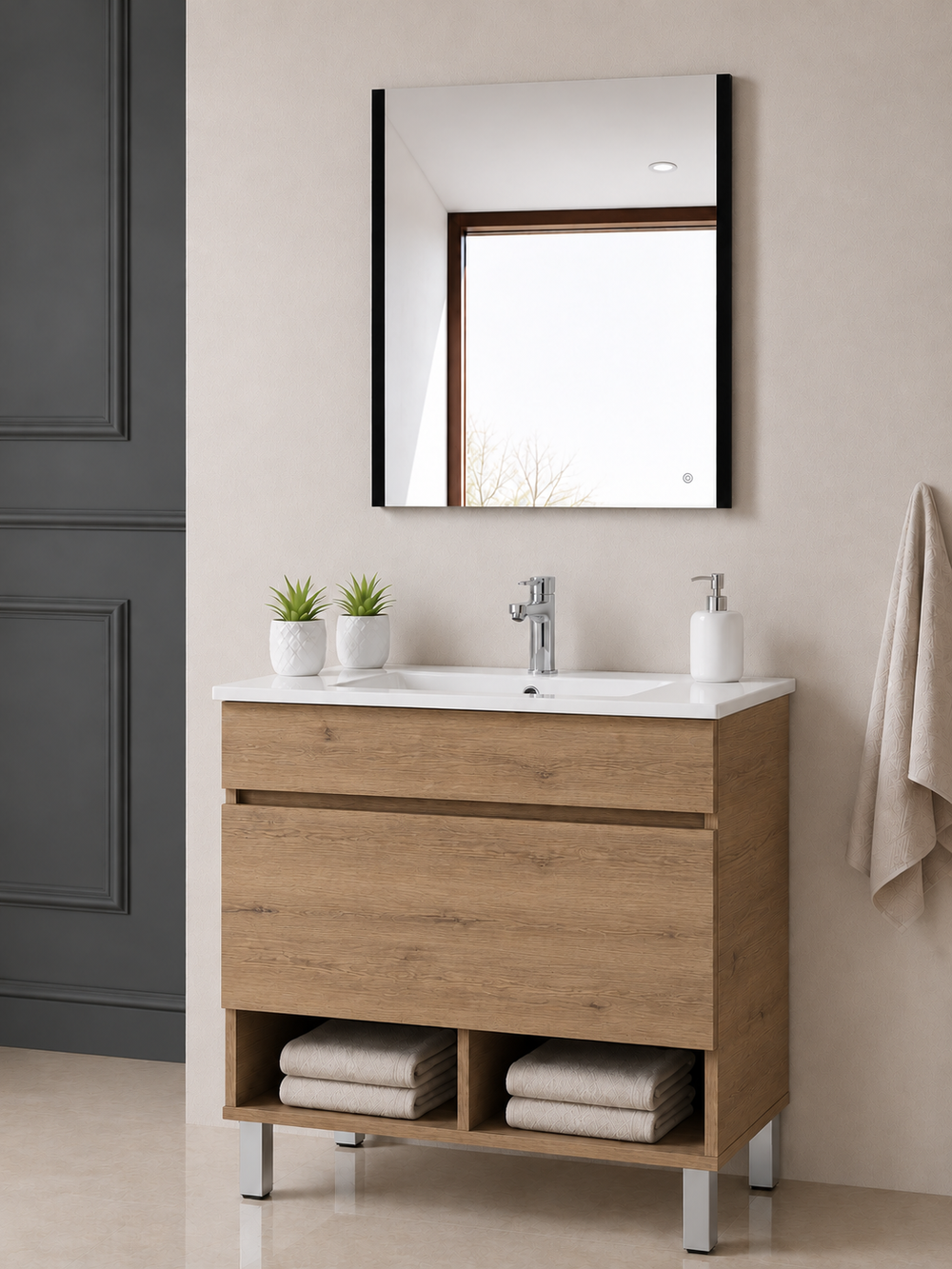 Mueble de baño con patas Nebari, cajón, estante y lavabo · Estepa