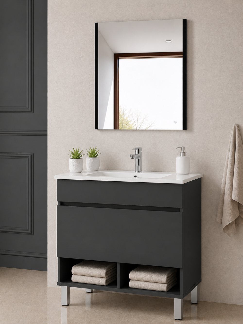 Mueble de baño con patas Nebari, cajón, estante y lavabo · Grafito