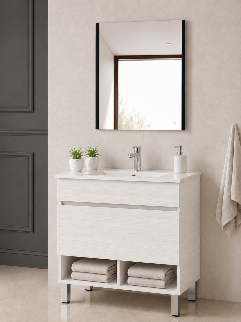 Mueble de baño con patas Nebari, cajón, estante y lavabo · Blanco Nórdico