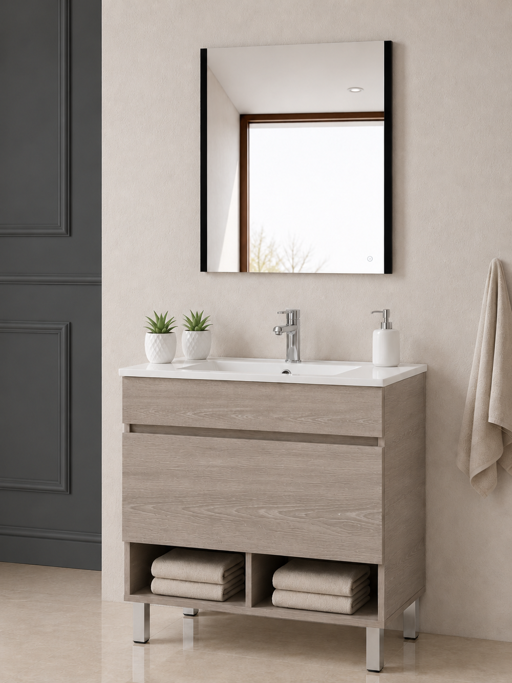 Mueble de baño con patas Nebari, cajón, estante y lavabo · Roble Smoky