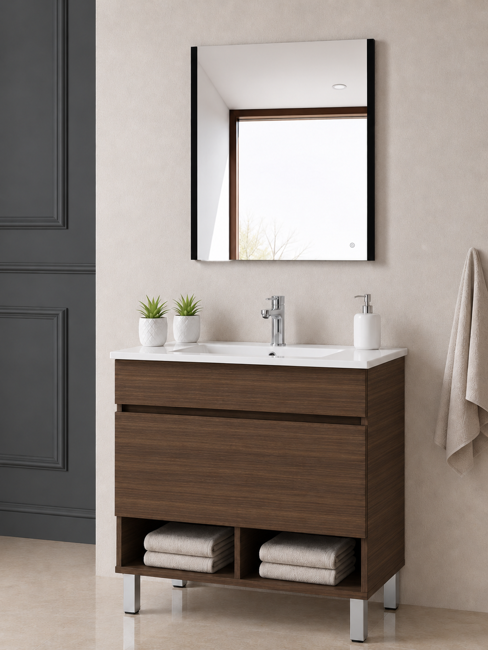 Mueble de baño con patas Nebari, cajón, estante y lavabo · Fresno Tea