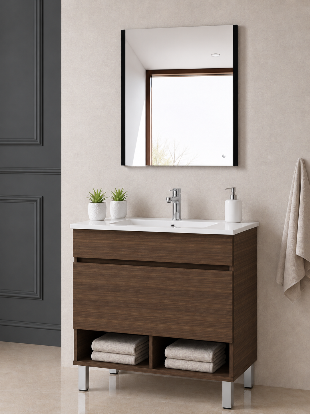 Mueble de baño con patas Nebari, cajón, estante y lavabo
