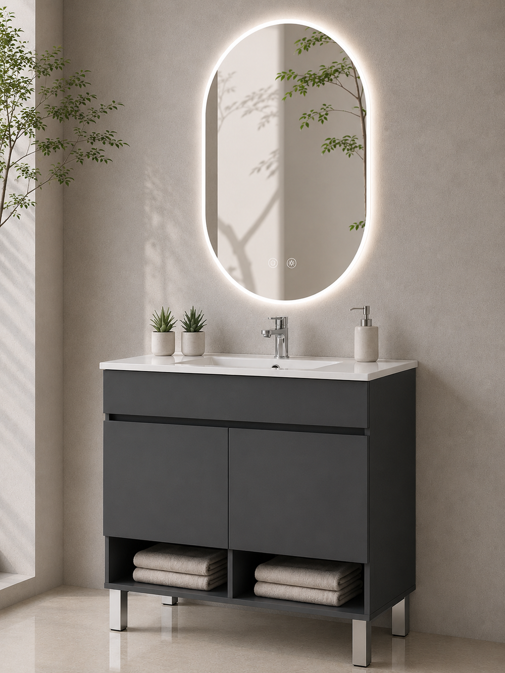 Mueble de baño con patas Nebari con puertas y lavabo · Grafito
