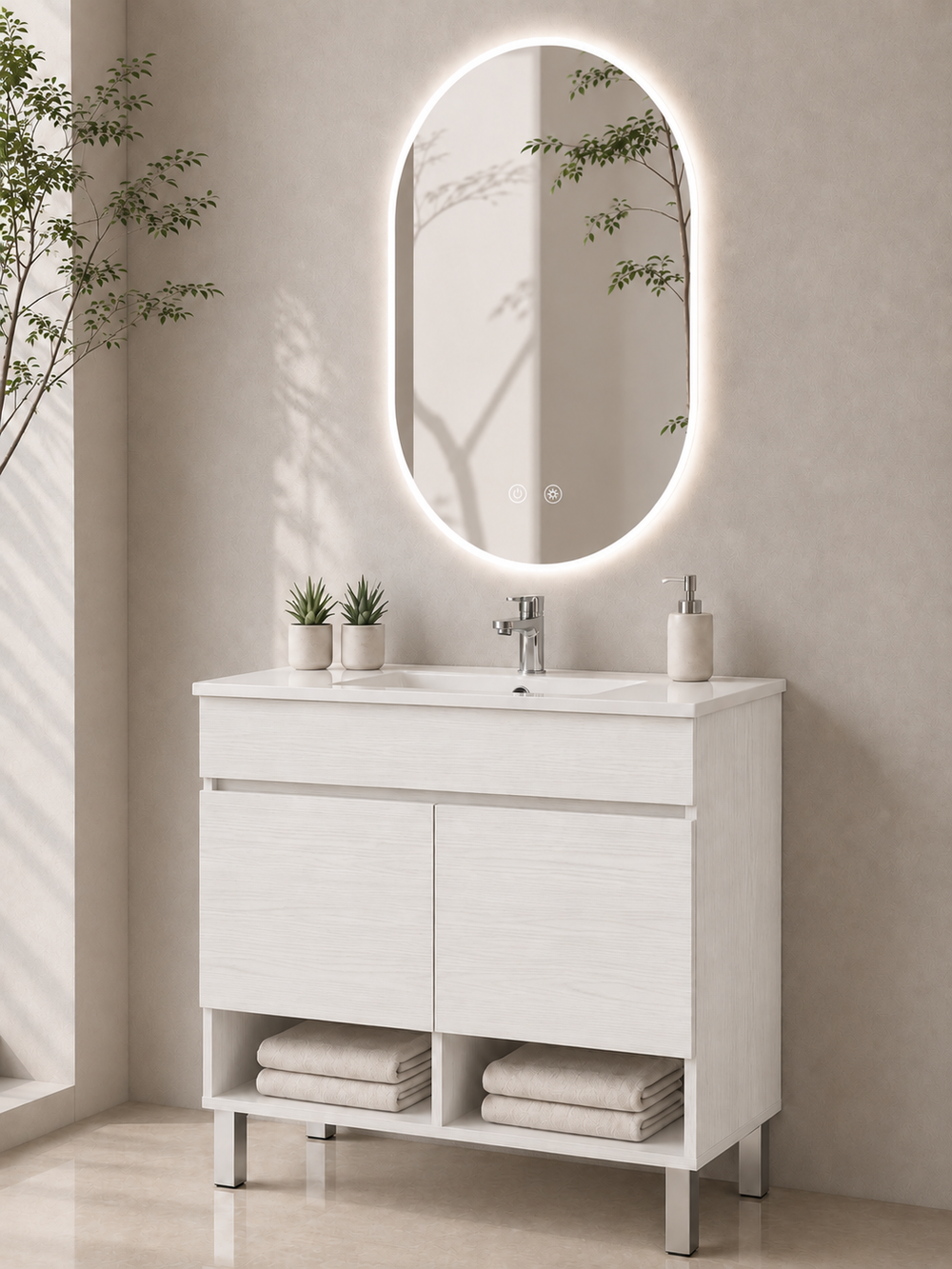 Mueble de baño con patas Nebari con puertas y lavabo · Blanco Nórdico