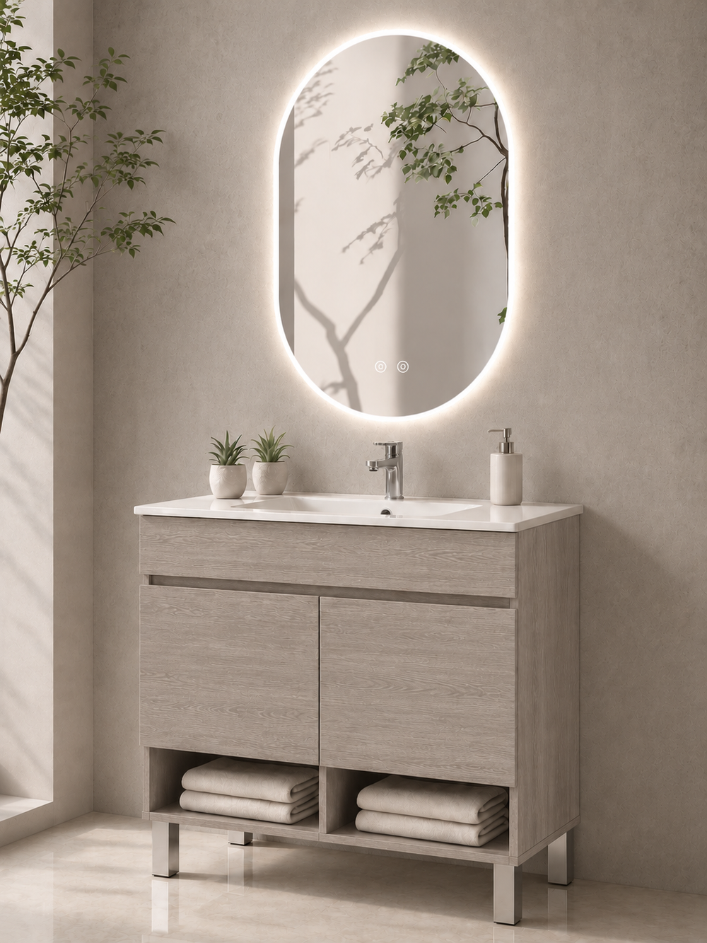 Mueble de baño con patas Nebari con puertas y lavabo · Roble Smoky