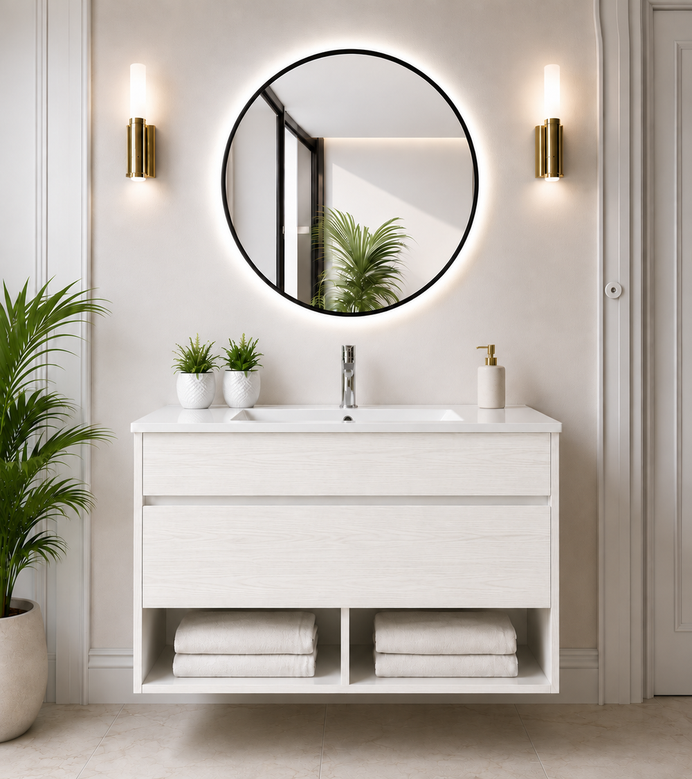 Mueble de baño suspendido Nebari con cajón y lavabo · Blanco Nórdico