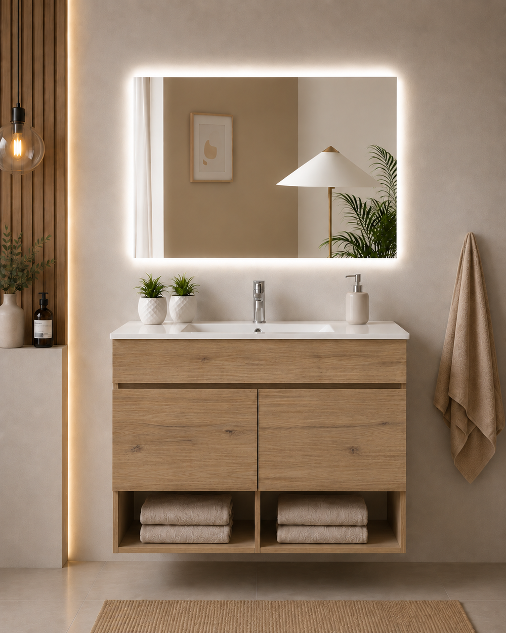 Mueble de baño suspendido Nebari con puertas y lavabo · Estepa