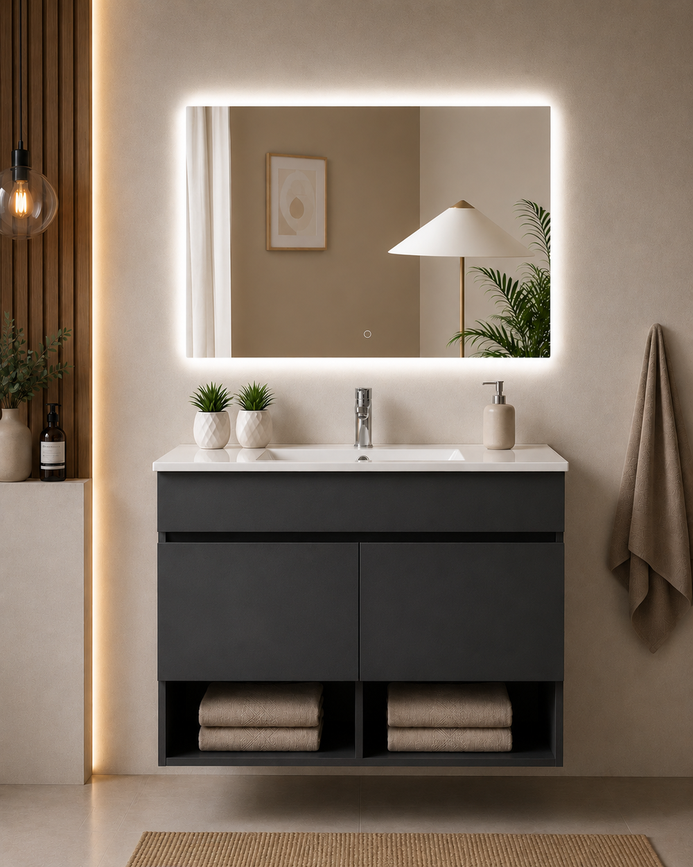 Mueble de baño suspendido Nebari con puertas y lavabo · Grafito
