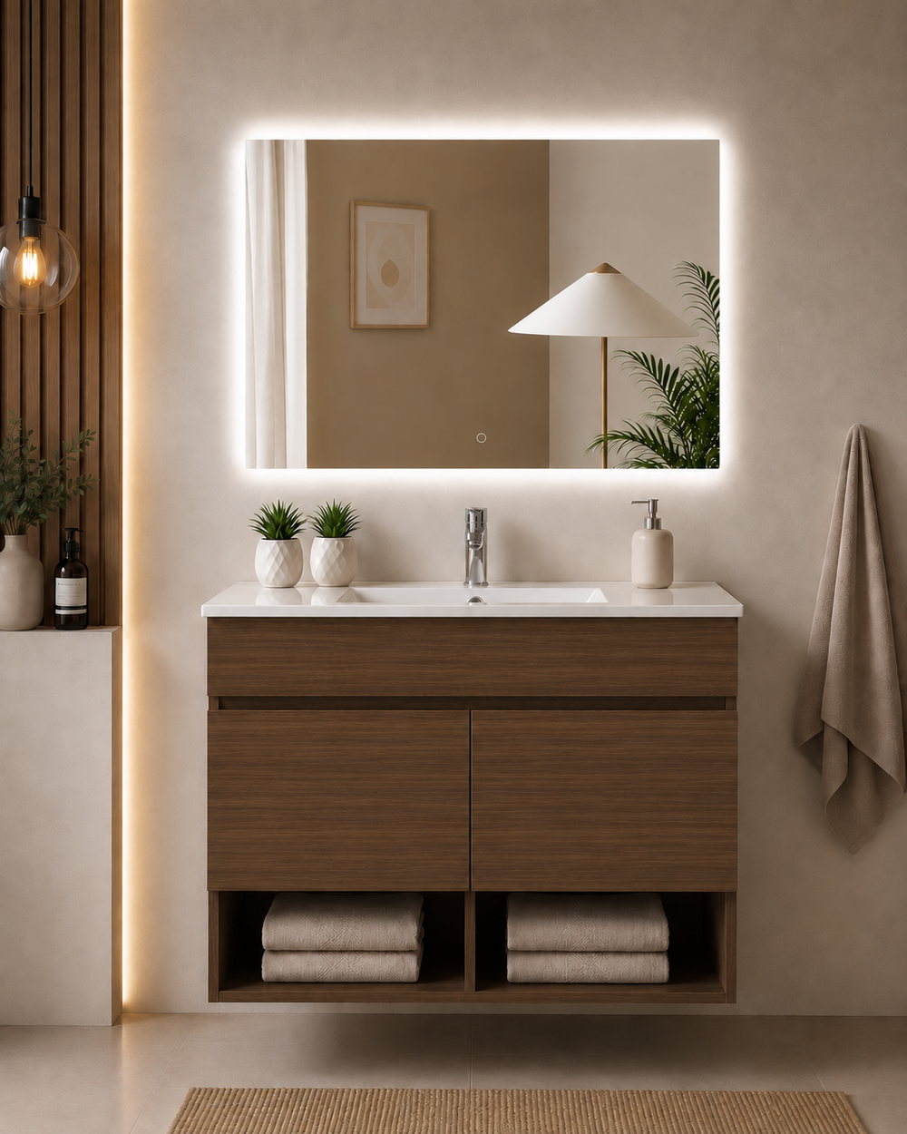 Mueble de baño suspendido Nebari con puertas y lavabo · Fresno Tea