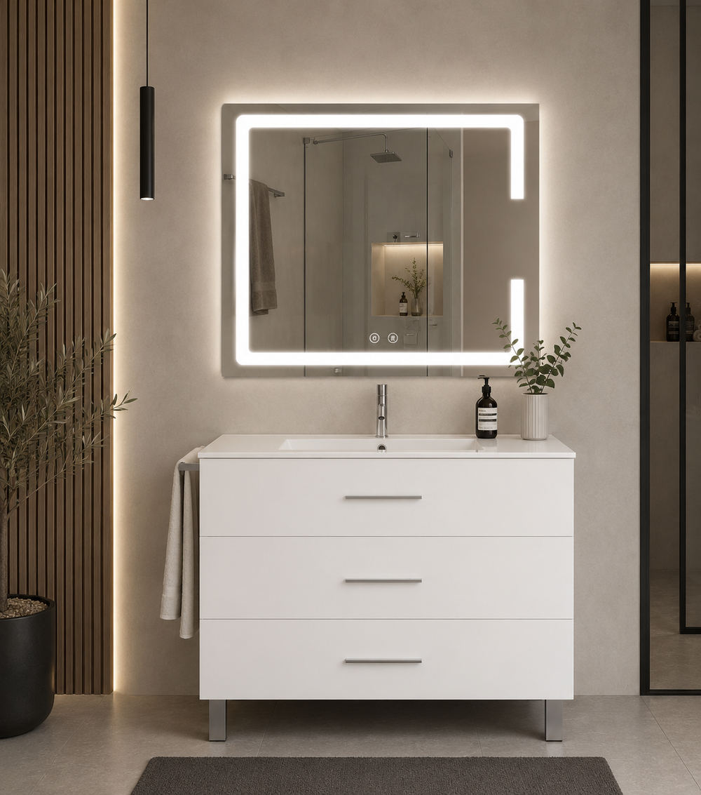 Mueble de baño con patas Ribera, lavabo y 3 cajones · Blanco brillo