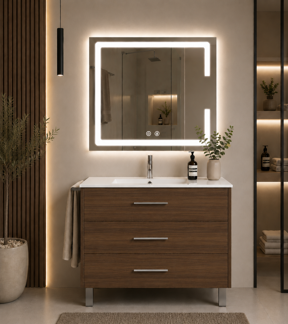 Mueble de baño con patas Ribera, lavabo y 3 cajones · Fresno Tea